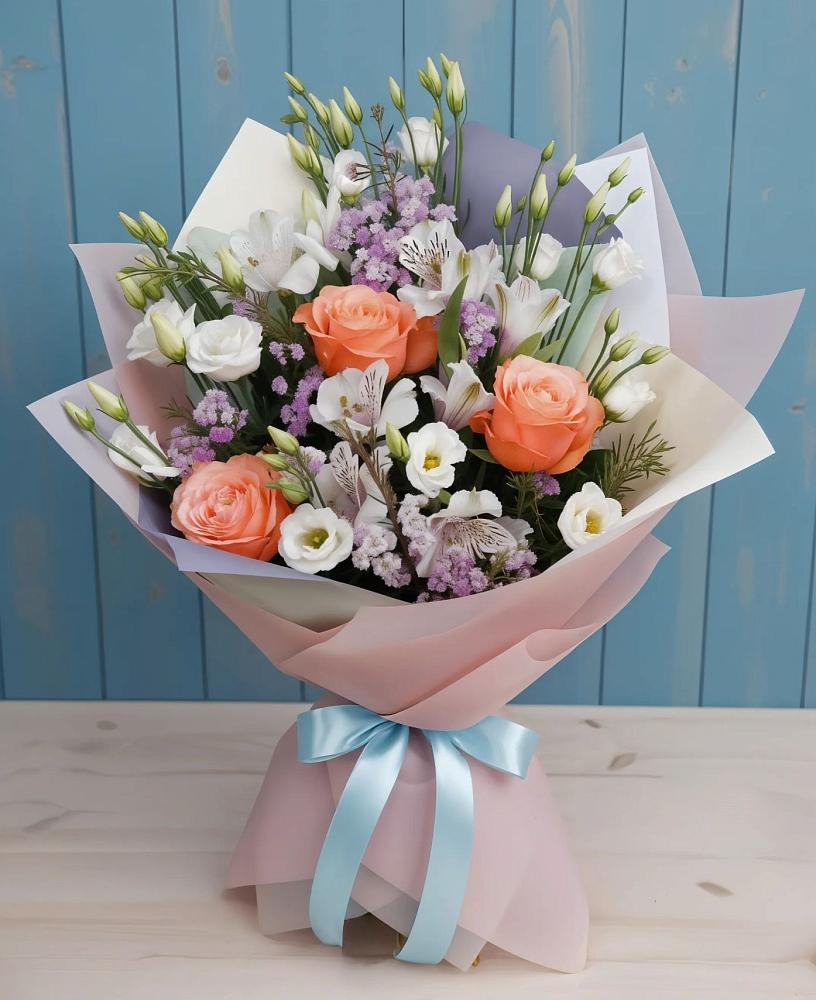 Букет цветов из: Лизиантусы, Розы, Альстромерии и Гипсофила в Первомайке